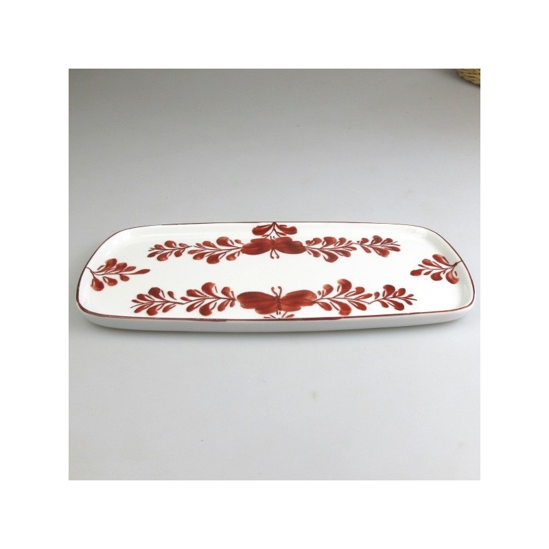 23 x 11,5 cm - Lille sushi fad / tallerken i håndmalet porcelæn med bordeaux Sommerfugle-motiv