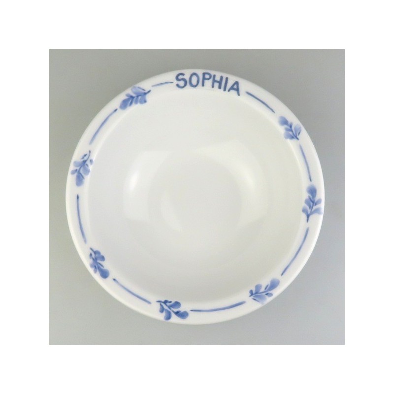 Morgenmadsskål / ymerskål med navn og bladdekoration i håndmalet porcelæn