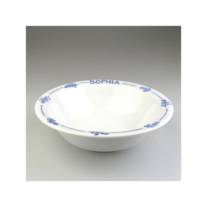 Morgenmadsskål / ymerskål med navn og bladdekoration i håndmalet porcelæn