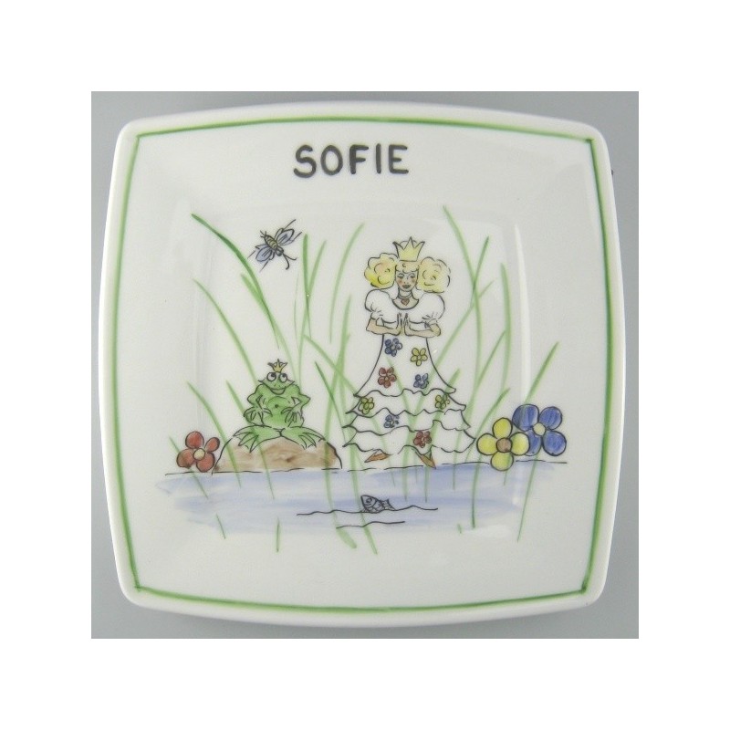 Børnestel / dåbsgave i håndmalet porcelæn med navn og motiv Prinsessen og Frøen