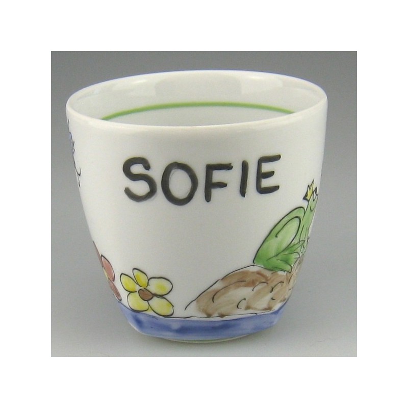 Børnestel / dåbsgave i håndmalet porcelæn med navn og motiv Prinsessen og Frøen