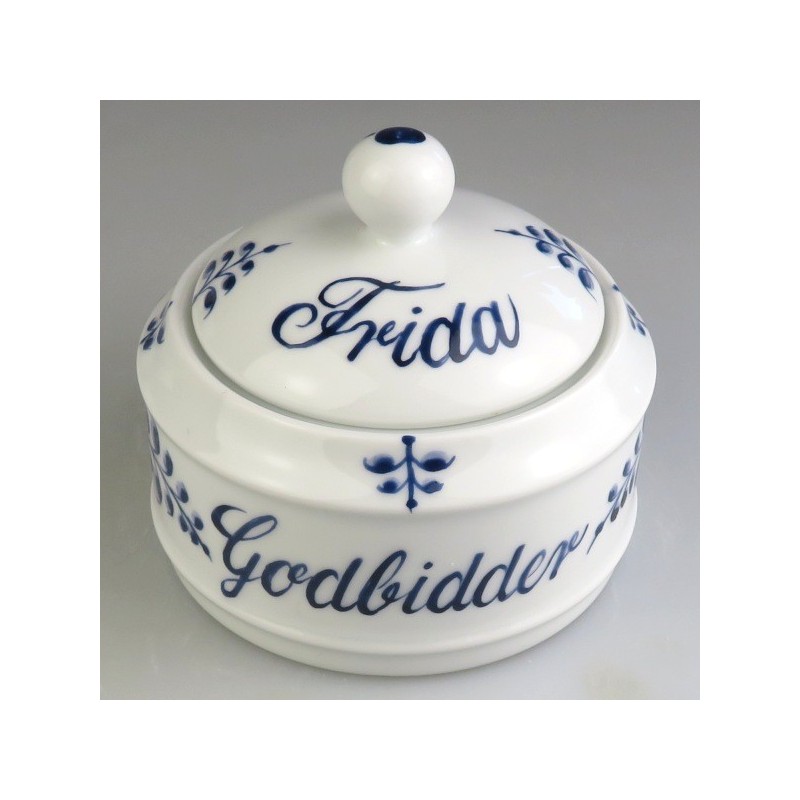 Godbidskrukke med navn og Nostalgi dekoration i håndmalet porcelæn