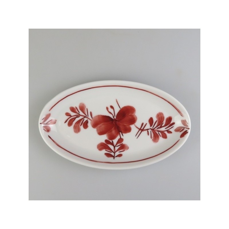 Oval asiet i håndmalet porcelæn med dekoration Bordeaux Sommerfugl